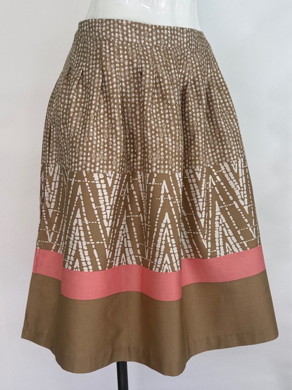 George Stone Khaki Geometric Cotton A-Line Midi Skirt - Size 16